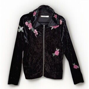 Love‎ 8 Jacket 1X Black Velvet Embroidered Full Zip Hooded Stretch Y2K Boho